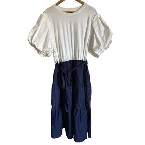City Chic Size 20/L White Blue Puff Sleeve Tiered Midi Dress